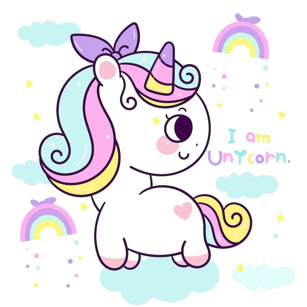 Simpatico cartone animato unicorno kawaii pony animal con arcobaleno. illustrazione disegnata a mano