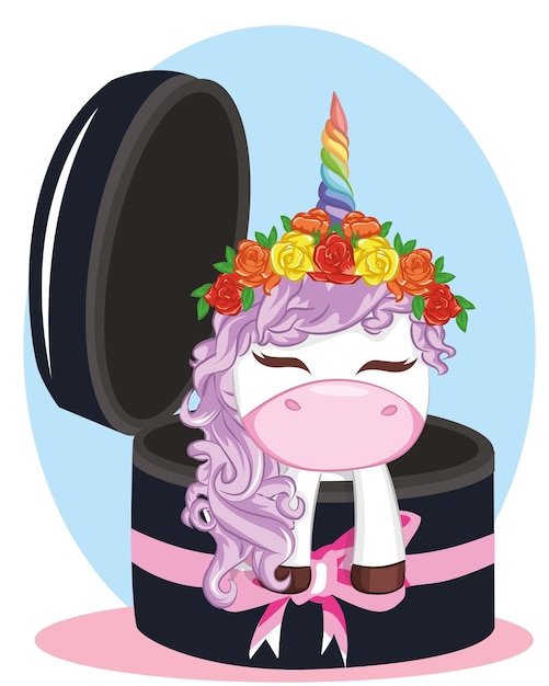 Simpatico cartone animato unicorno kawaii vettoriale in confezione regalo