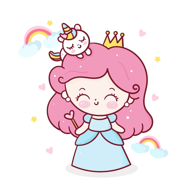 Cute unicorn cartoon and little princess stand around rainbow