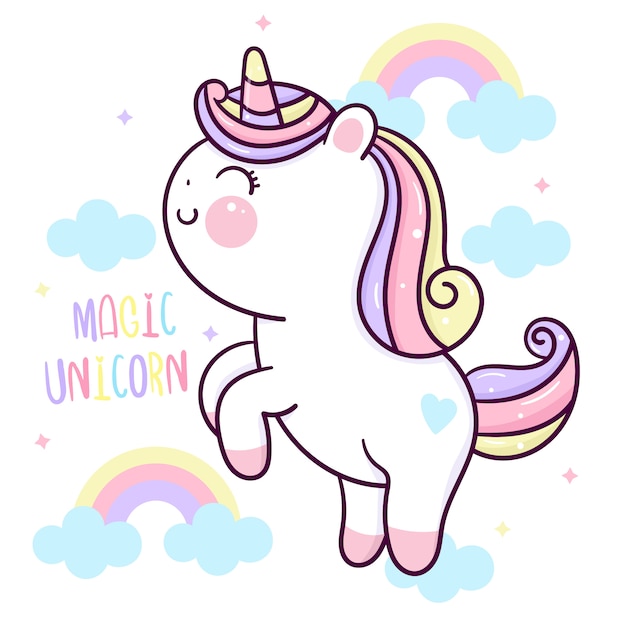 Pony di kawaii dell'arcobaleno magico del fumetto dell'unicorno sveglio