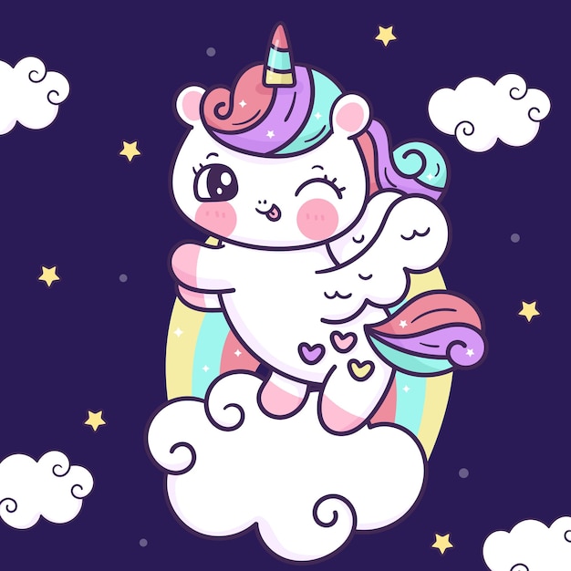 Cute unicorn cartoon pegasus dancing on raonbow cloud kawaii animal