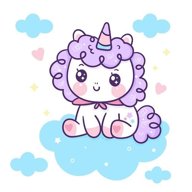 Il simpatico cartone animato unicorno si siede sulla nuvola kawaii animale disegnato a mano