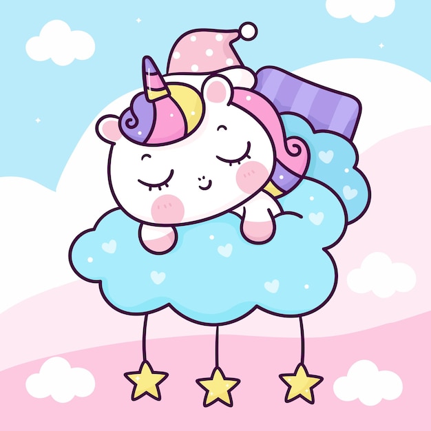 Vector cute unicorn cartoon sleep on cloud kawaii character