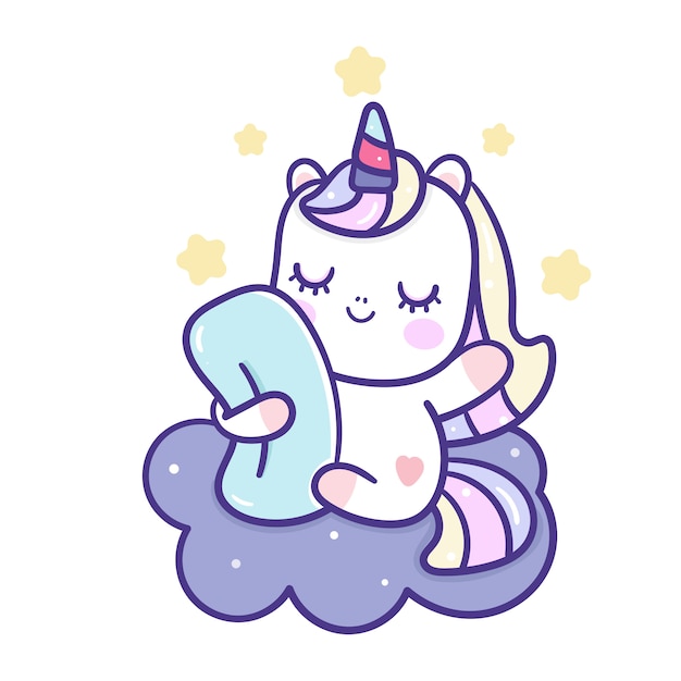 Cute unicorn cartoon sleeping on cloud