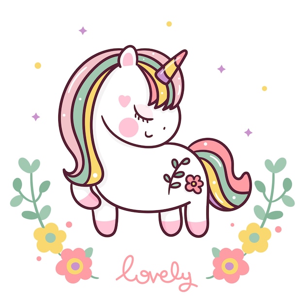 Cute unicorn cartoon swith flower kawaii style