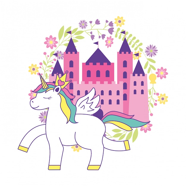 Cute unicorn cartoon with castle