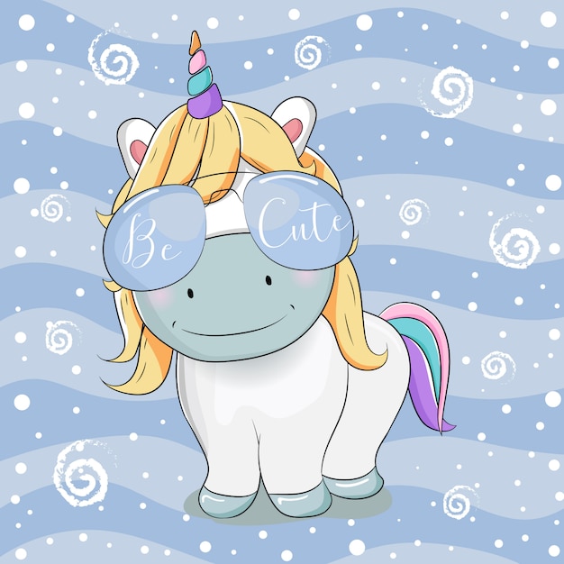 Cute unicorn cartoon with sunglasses on striped background