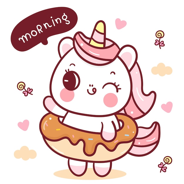 Simpatico cartone animato di unicorno con una deliziosa ciambella kawaii