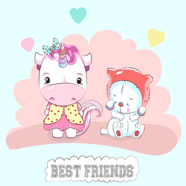 Cute unicorn and cat cartoon hand drawn