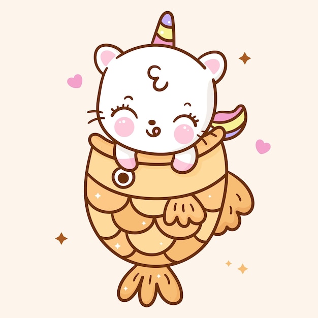 Simpatico cartone animato gatto unicorno in stile kawaii spuntino taiyaki