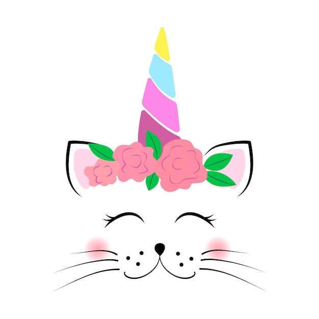 Cute unicorn cat face with flowers and rainbow horn Baby vector illustration isolated on white background