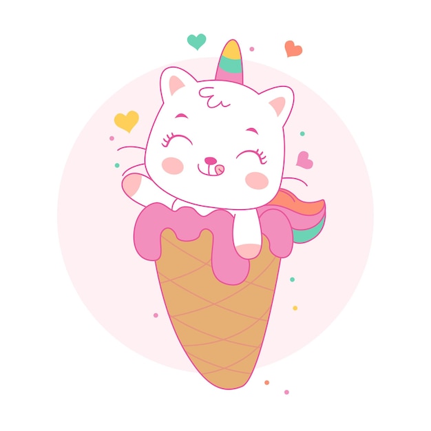 Cute unicorn cat on ice cream cartoon