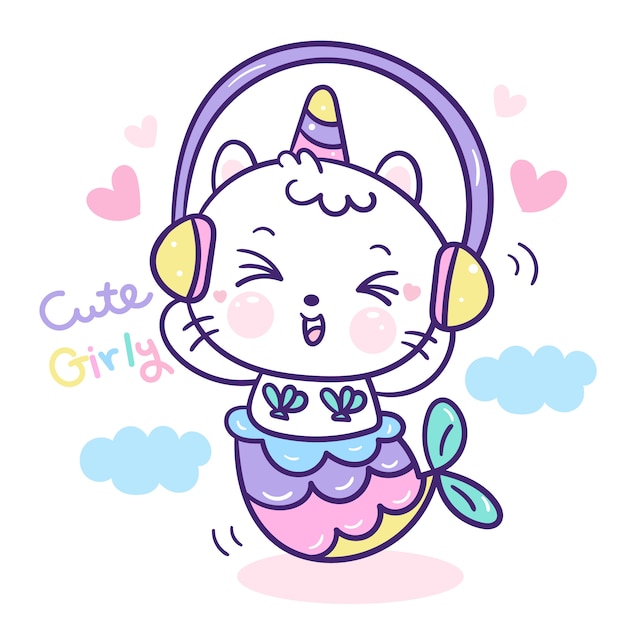 Cute unicorn cat mermaid listen music