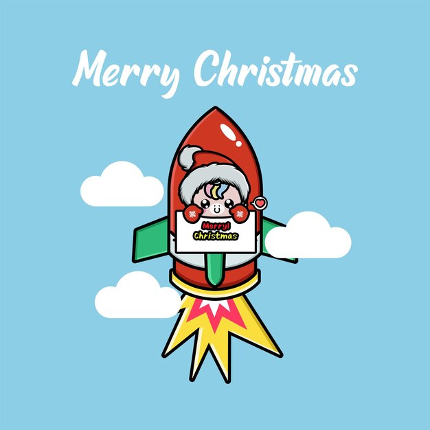 Vector cute unicorn celebrating christmas on a flying rocket