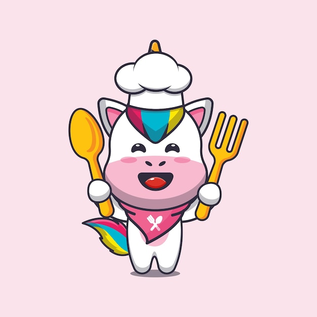 Vector cute unicorn chef mascot cartoon character holding spoon and fork