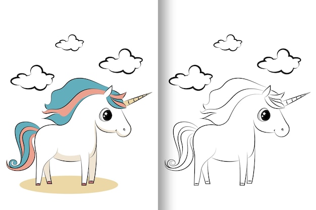 Cute unicorn collection Monochrome and colored vector illustration for coloring book