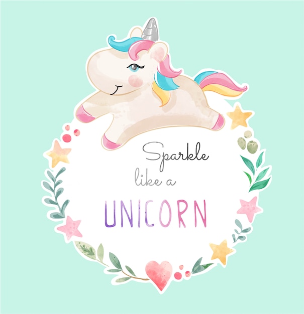 Cute unicorn in colorful star and heart frame illustration