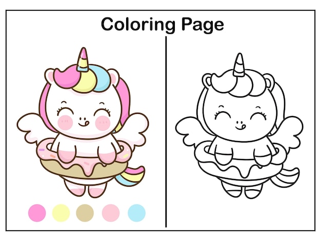 Simpatico cartone animato da colorare con unicorno e ciambella kawaii