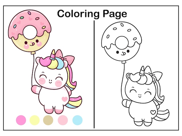 Simpatico unicorno da colorare con foglio di lavoro kawaii con palloncino a ciambella