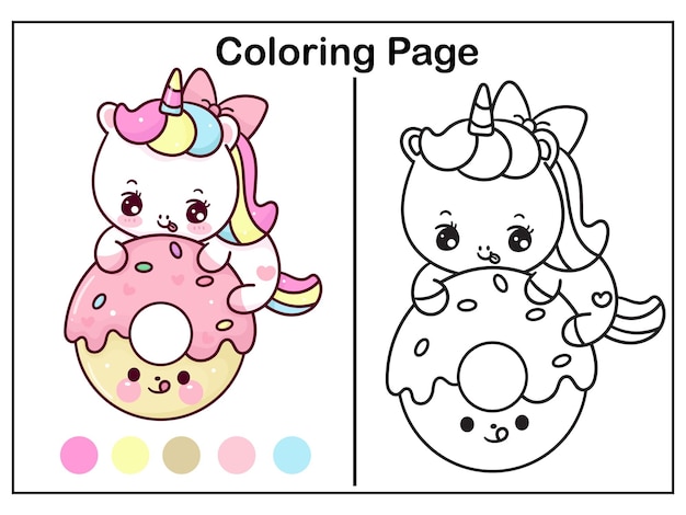 Simpatico unicorno da colorare con un delizioso foglio di lavoro kawaii con ciambella