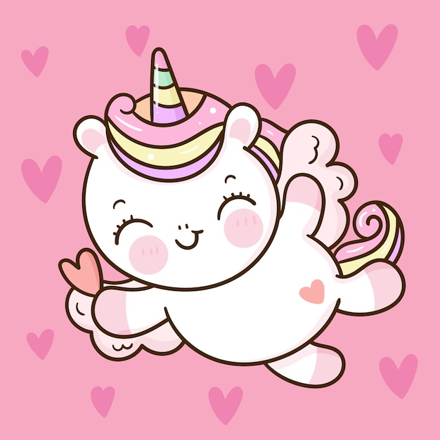 Cute unicorn cupid pegasus fly on sky kawaii animal valentine day