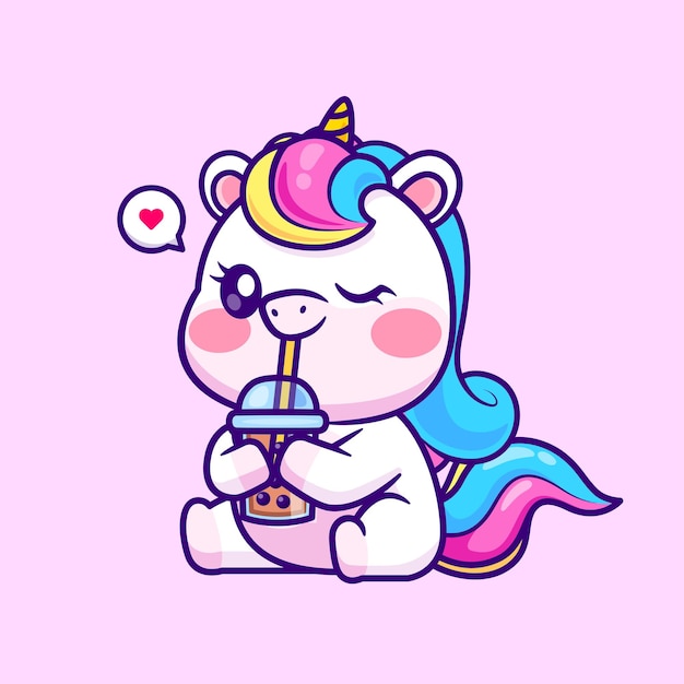 Vector cute unicorn drinking bubble milk tea cartoon vector icon illustration animal drink isolated flat