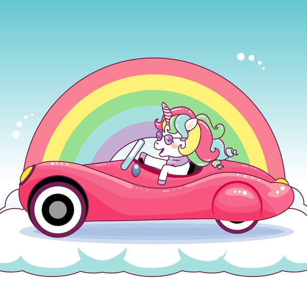 Vector cute unicorn driving a pink shiny vintage car