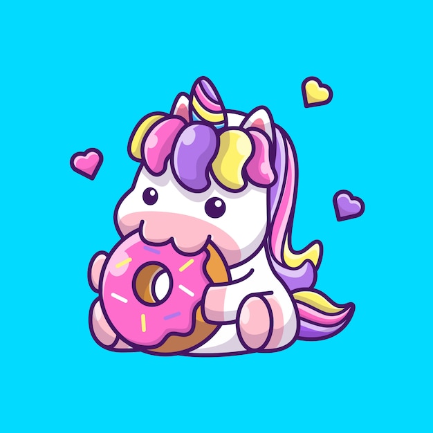 Cute unicorn eat dessert icon illustration. unicorn mascot cartoon character. animal icon concept isolated