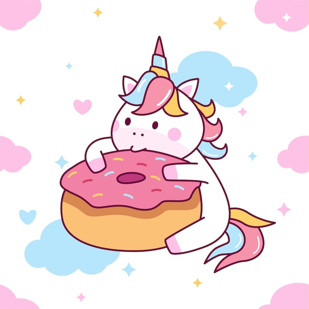 Cute Unicorn Eat Donut Seamless Pattern