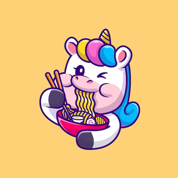 Cute unicorn eating ramen noodle cartoon illustration