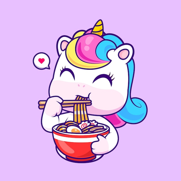 Vector cute unicorn eating ramen noodle cartoon vector icon illustration animal food icon concept isolated