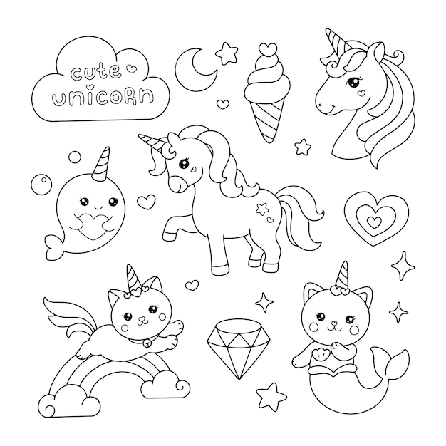 Cute unicorn elements drawing coloring page illustration