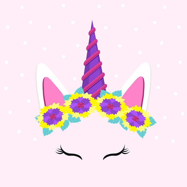 Vector cute unicorn face funny character with flowers vector illustration