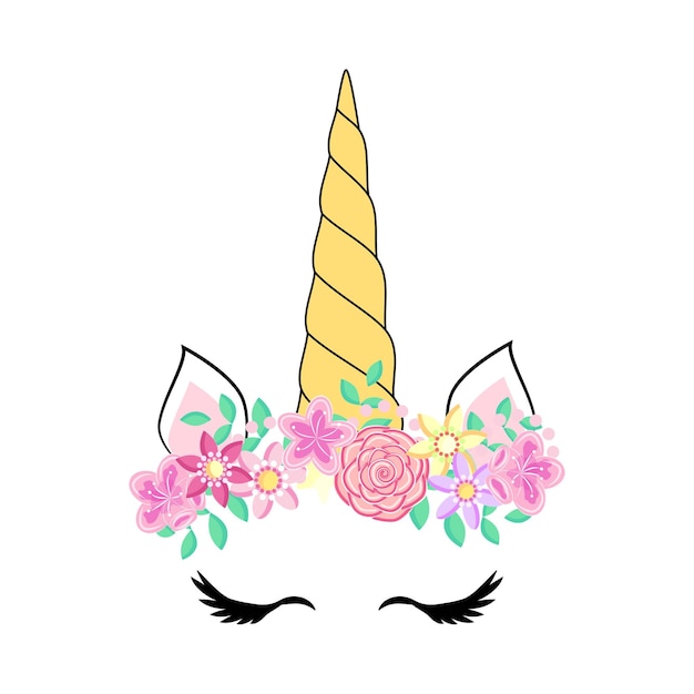 Vector cute unicorn face funny character with rose flowers card and shirt print design colorful