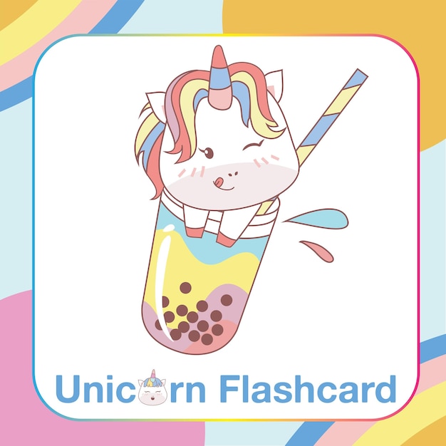 Simpatico unicorno flashcard per bambini. pronta per stampare. carta da gioco stampabile. archivio vettoriale.