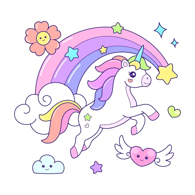 Cute unicorn flying over the rainbow illustration