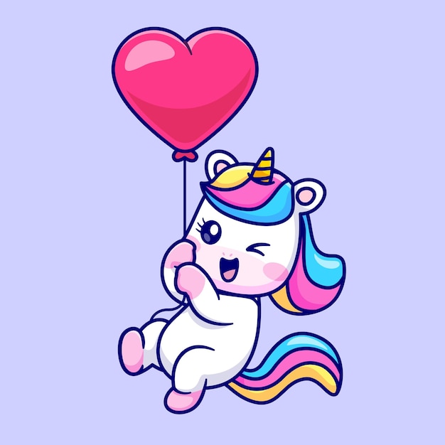 Vector cute unicorn flying with love heart balloon cartoon vector icon illustration. animal holiday icon