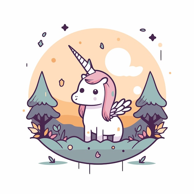 Vector cute unicorn in the forest vector illustration in cartoon style