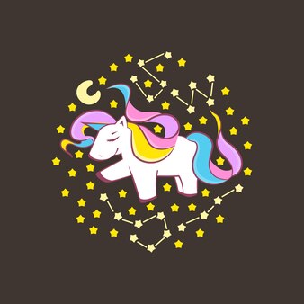 Unicorno carino unicorno divertente circondato da stelle e costellazioni illustrazione del design del personaggio