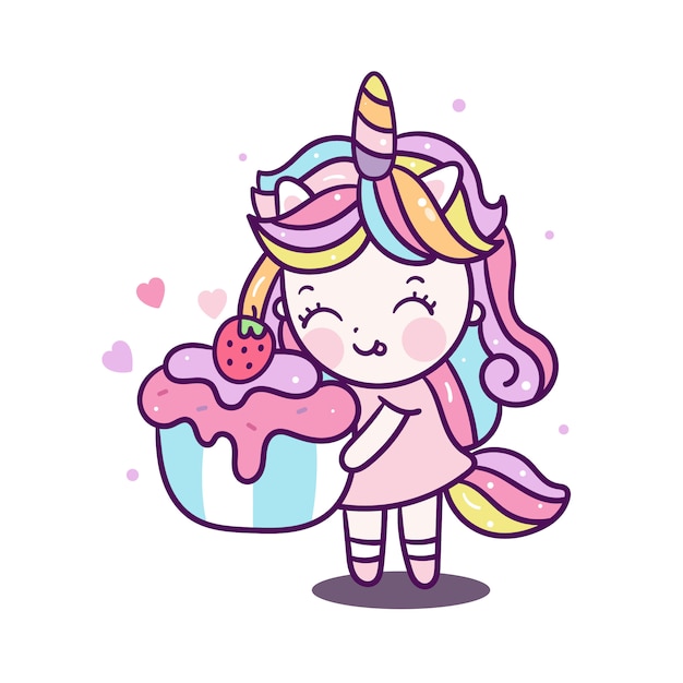 Cute unicorn girl holding cupcake