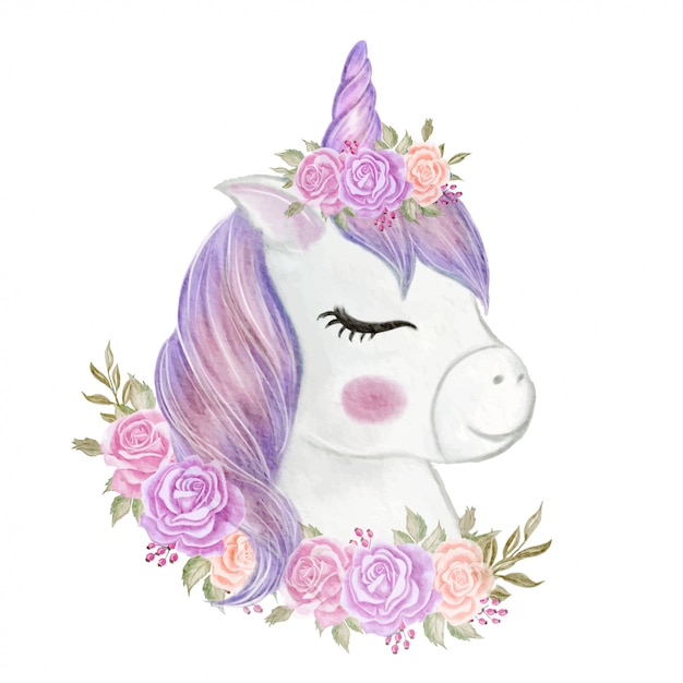 Cute unicorn girl with crown rose illustration watercolor