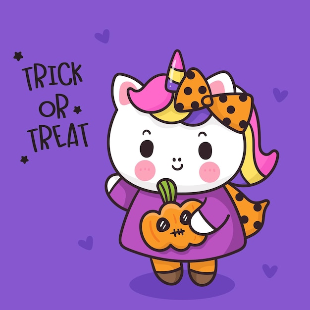 Vector cute unicorn hallloween with pumpkin kawaii card