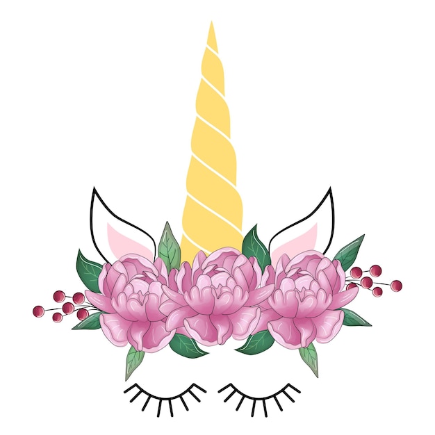 Vector cute unicorn head with flower crown