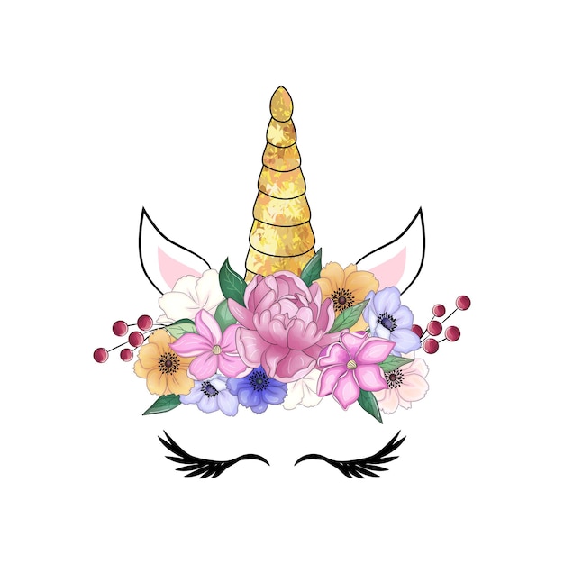 Vector cute unicorn head with flower crown