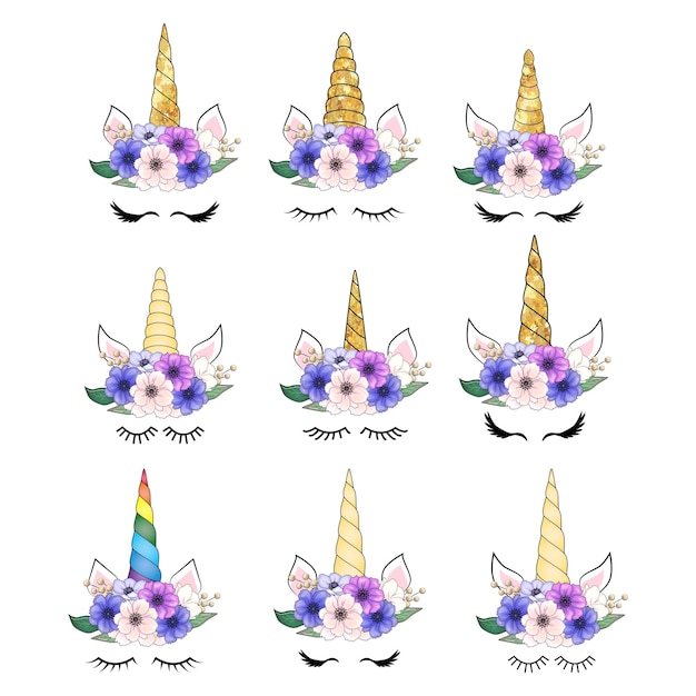 Vector cute unicorn head with flower crown