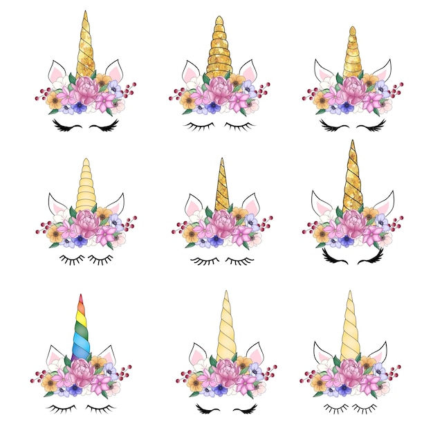 Vector cute unicorn head with flower crown