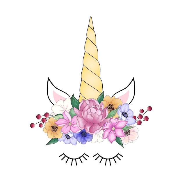 Vector cute unicorn head with flower crown