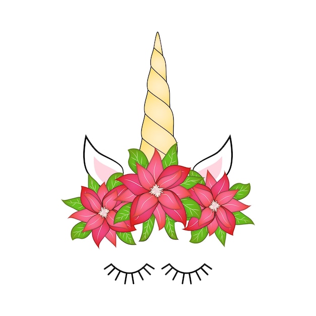 Vector cute unicorn head with poinsettia flower crown christmas