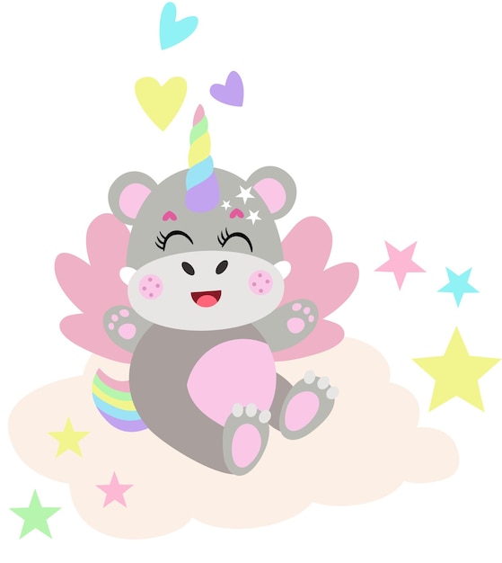 Cute unicorn hippo sitting on cloud