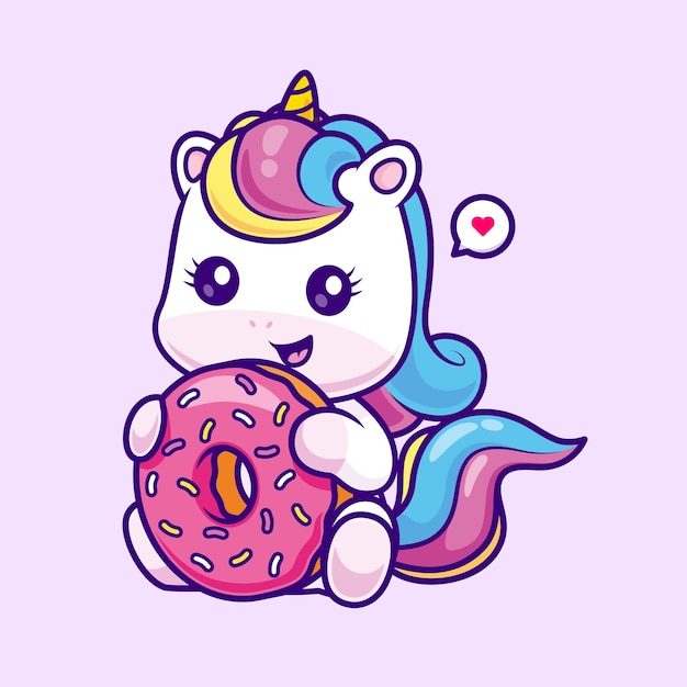 Vector cute unicorn holding donut cartoon vector icon illustration animal food icon concept isolated flat